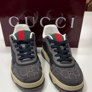 Gucci mens Gray and Black Sneakers with Red and Green Accents